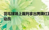 羽毛球场上裁判拿出黄牌红牌和黑牌来处罚和约束球场上运动员