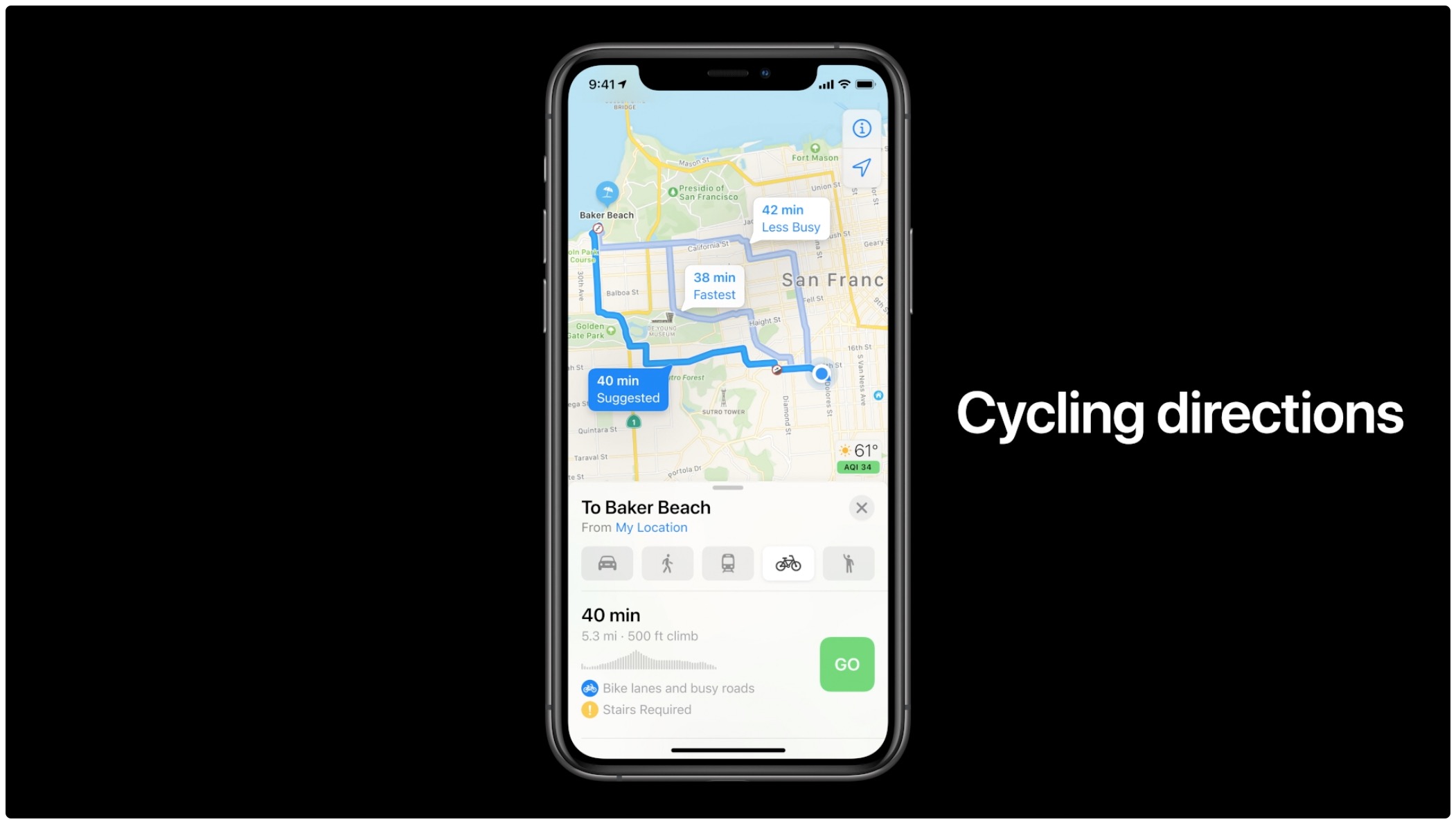苹果的营销图片在苹果地图上展示了iPhone上的骑行路线